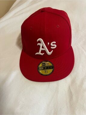 New Era red fitted cap with white A's logo